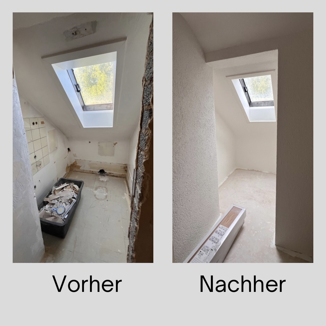 Vorher Nachher Ansicht einer Badrenovierung in Kassel mit entkerntem Raum und vorbereiteten Flächen für neue Fliesenarbeiten