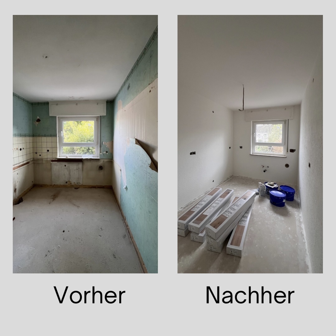 Vorher Nachher Vergleich einer Badsanierung im Dachgeschoss in Kassel mit neuer Wandgestaltung und vorbereiteten Flächen durch Steinmann Bau