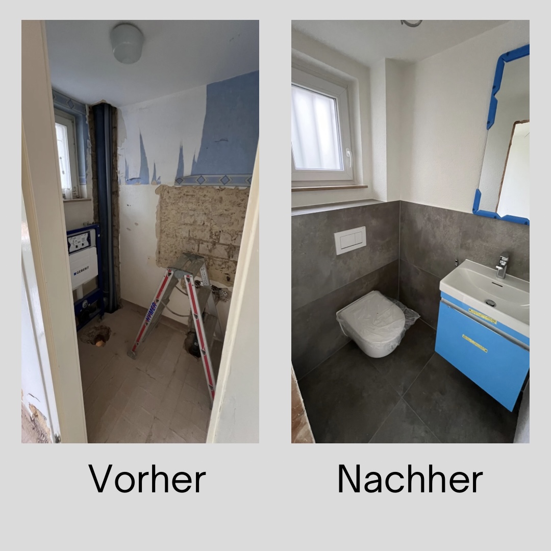 Gäste WC Renovierung in Kassel mit neuen Wand und Bodenfliesen nach Umbau durch Steinmann Bau vorher nachher Ansicht